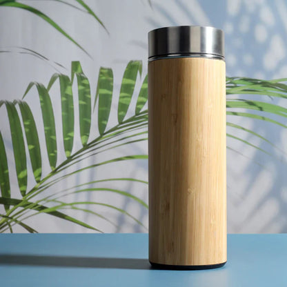 Bamboo Water Bottle with Stainless Steel Flask & Tea Strainer | Double Wall Vacuum Insulated Hot & Cold Bottle (500ml) | Leak-Proof Eco-Friendly Bamboo Bottle for Daily Hydration