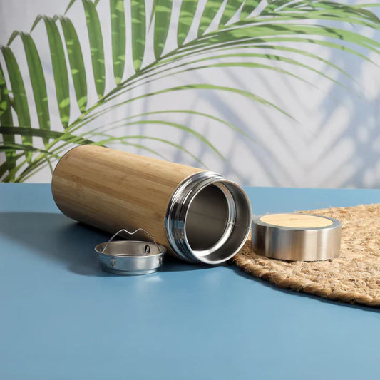 Bamboo Water Bottle with Stainless Steel Flask & Tea Strainer | Double Wall Vacuum Insulated Hot & Cold Bottle (500ml) | Leak-Proof Eco-Friendly Bamboo Bottle for Daily Hydration
